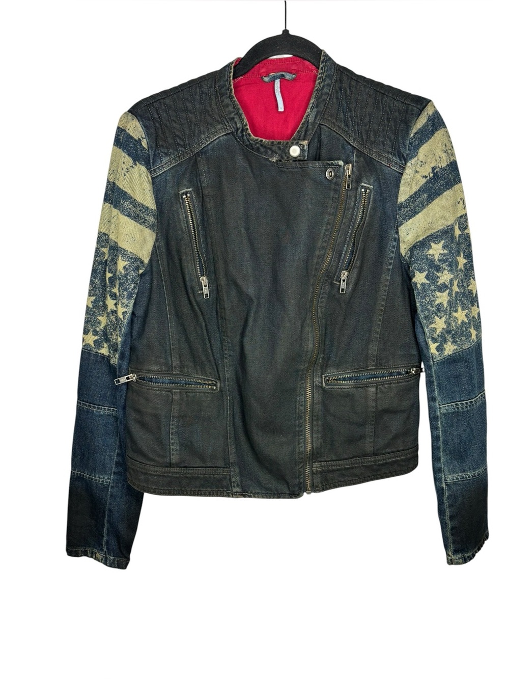Free People American Flag Moto Jacket Distressed Denim Military Biker Grunge 12 - Picture 3 of 11